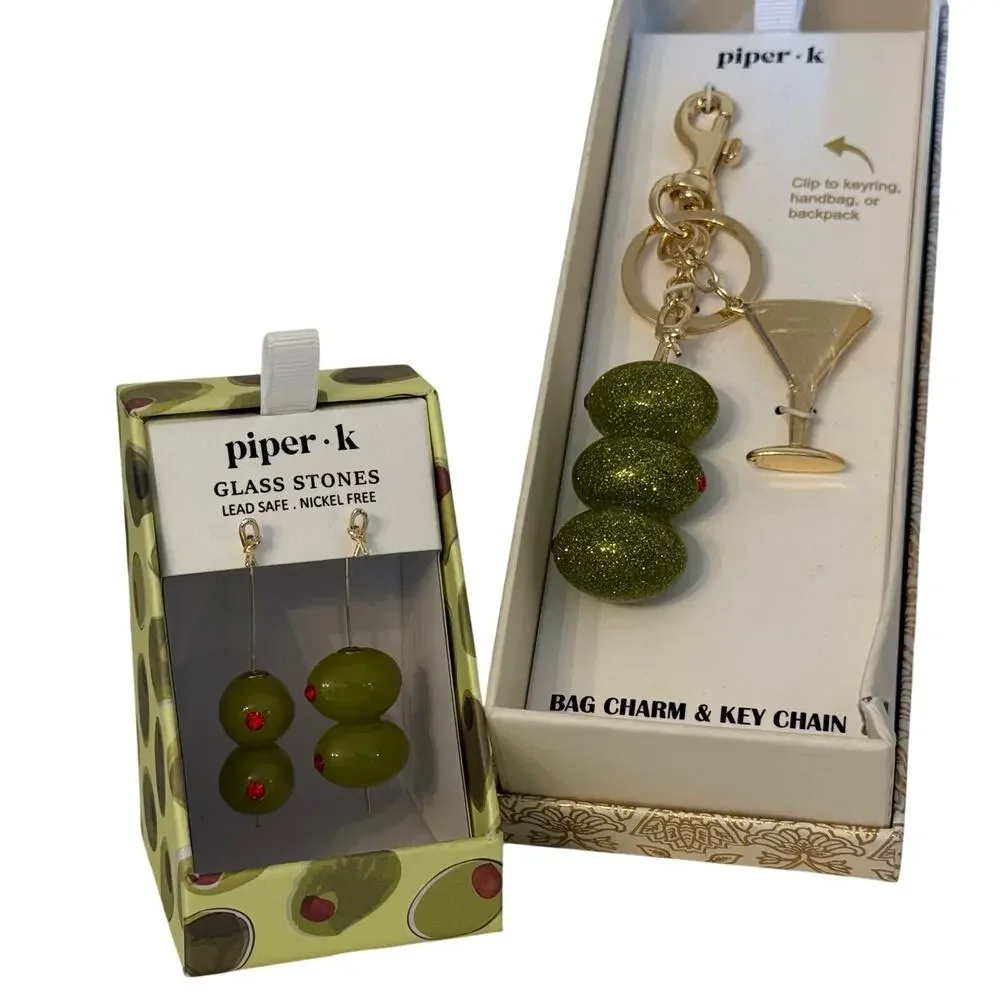 Piper K Martini Olive Bag Charm Keychain + Earrings Set Green Glitter - NWT